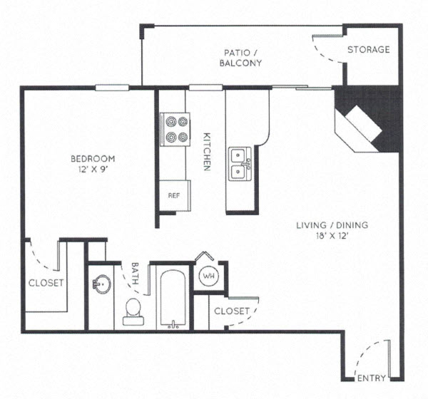 Floor plan for 1 bed, 1 bath, 603 sqft